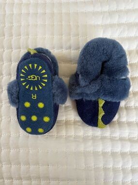 UGG Blue Shearling Baby Slippers with Chartreuse Accent